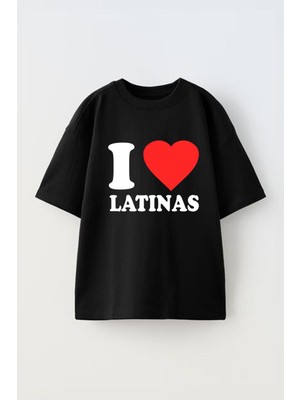 Anetos I Love Latınas Baskılı Ünisex Pamuk Siyah Oversize T Shirt