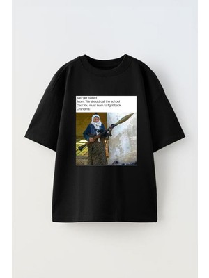 Anetos Roketci Teyze Baskılı Ünisex Pamuk Siyah Oversize T Shirt