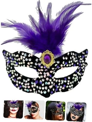 Ronanna Siyah Kadife Payetli Pullu Mor Tüylü Parti Maskesi