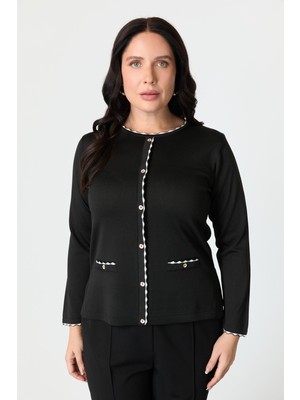 Accort Büyük Beden Düğme Detaylı Triko Kazak-Siyah