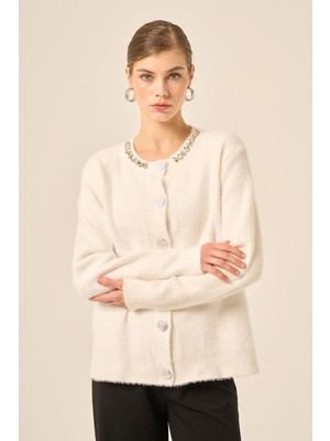 Ftz Women Kadın Taş Detaylı Hırka  Ekru 25060