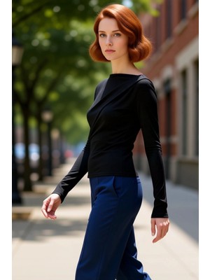 PayBuy Kadın Asimetrik Yaka Büzgülü Vücuda Oturan Uzun Kollu Örme Kaliteli Şık Rahat Modern Zarif