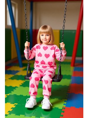 FRM Kız Çocuk Pamuklu Kalp Desenli Bisiklet Yaka Uzun Kollu Örme Alt Üst Takım Kaliteli Şık Rahat