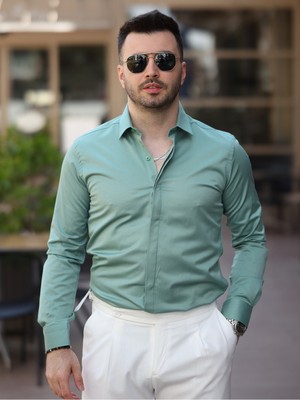 Baselco Süper Slim Fit (Dar Kalıp ) Gizli Düğmeli Pamuk Saten Gömlek