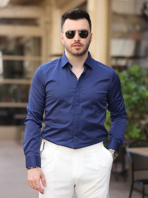 Baselco Süper Slim Fit (Dar Kalıp ) Gizli Düğmeli Pamuk Saten Gömlek