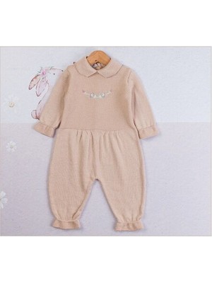 Wofim 2835 Kız Bebek Natural Çiçek Nakışlı Organik Triko Tulum