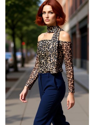 PayBuy Kadın Animal Baskılı Kayık Yaka Düşük Kol Esnek Örme Tül Bluz Detaylı Vücut Oturan Regular Boy Uzun