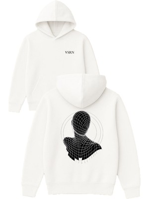 Vsrn Siyah Adam Tasarım Baskılı Oversize Beyaz Kapüşonlu Sweatshirt