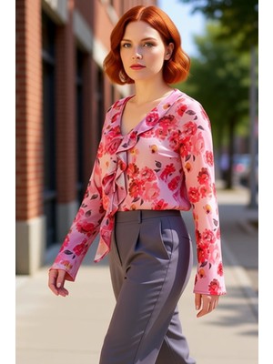 PayBuy Kadın V Yaka Tül Ekose Desenli Bağcıklı Uzun Kollu Bluz Kaliteli Şık Rahat Modern Zarif Günlük