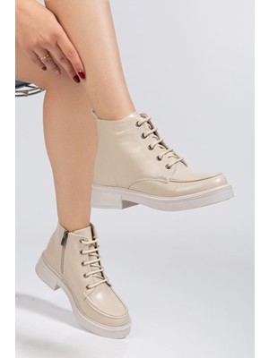 Budi 02-2001 Bej Kırışık Rugan Bağcıklı Fermuarlı Günlük Kadın Bot