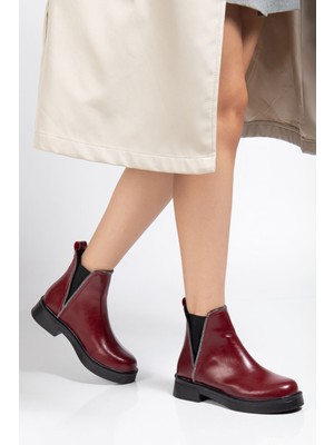 Budi 02-02 Bordo Kırışık Rugan Taş Aksesuarlı Lastikli Günlük Kadın Bot