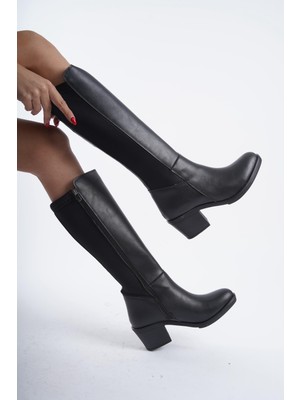 Asmi Shoes Kadın Leydi Dalgıç Kumaş Dizaltı Çizme  Siyah