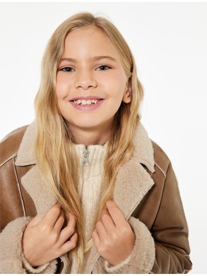 Koton Suni Kürklü Peluş Yaka Kruvaze Uzun Suni Deri Kaban