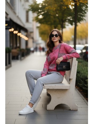 The Kadın Pembe Baskılı %100 Pamuk 3 Iplik Şardonsuz Sweatshirt - Normal Kalıp Basic Bisiklet Yaka