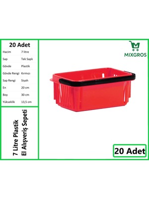 Mixgros Plastik Kozmetik Alışveriş El Sepeti 7 Litre Kırmızı 20 Adet