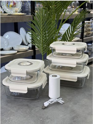 Arow Vakumlu Cam 5 Parça Saklama Kabı+ Vakum Cihazı