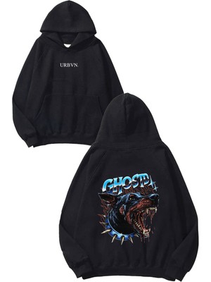 Urbvn Ghost Doberman Tasarım Baskılı Oversize Siyah Kapüşonlu Sweatshirt