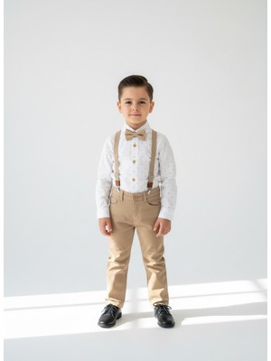 Beyaz Desenli Gömlek Krem Pantolon Papyon ve Askı 4'lü Alt Üst Erkek Çocuk Takım