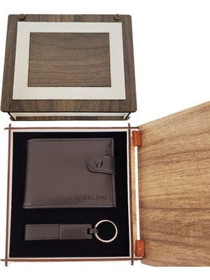 Falconex Ahşap Kutulu Deri Cüzdan ve Anahtarlık Seti