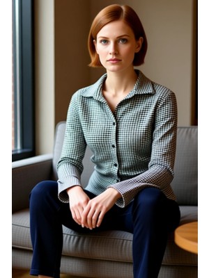 FRM Kadın Fitted Örme Bluz Gömlek Yaka Ispanyol Kol Uzun Kollu Kareli Desen Kaliteli Şık Rahat