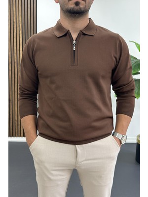 Edwox Erkek Yarım Fermuarlı Düz Desen Polo Yaka Kazak Kahverengi EDW424