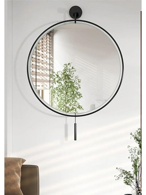 Wallover Design Siyah Sarkaçlı Metal Duvar Ayna, Büyükboy Yuvarlak Cam 60 x 80 cm Işıklı