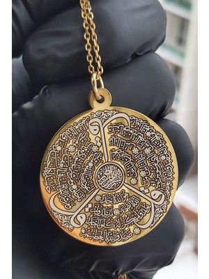 Özgür Takı 925 Ayar Gümüş 24 Ayar Altın Kaplama Ihlas, Felak ve Nas Sureleri Yazılı Madalyon Kolye