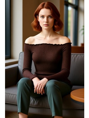 FRM Kadın Uzun Kollu Carmen Yaka Dokulu Bluz Asimetrik Kesim Kaliteli Şık Rahat Modern Zarif Günlük