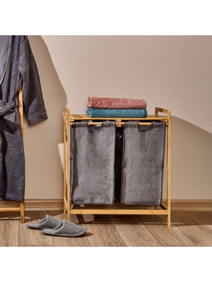 Matmel 2 Bölmeli Bambu Kirli Çamaşır Sepeti - Gri / Bej - 74 cm