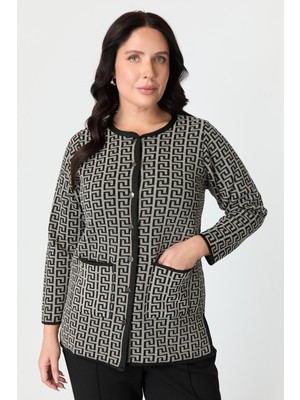 Accort Büyük Beden Desenli Cep Detay Triko Hırka-Siyah