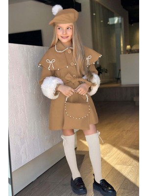 Riccotarz Kız Çocuk Boydan Yakası Inci Taş Işlemeli Şal Detaylı Kemerli Bej Kaşe