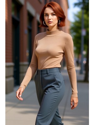 PayBuy Kadın Beyaz Fitted Vücuda Oturan Dik Yaka Uzun Kol Esnek Örme Bluz Günlük Kullanım Için Idealdir