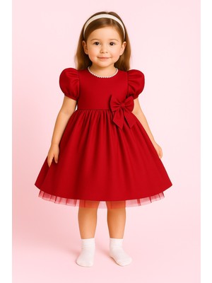 Kız Çocuk Ön Arka Fiyonk Detaylı Yaka Incili Balo Parti Mezuniyet Doğum Günü Elbise