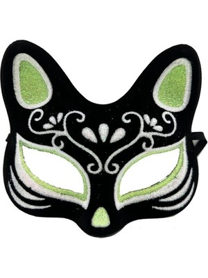 Ronanna Siyah Süet Kaplama Gümüş Yeşil Simli Kedi Maskesi