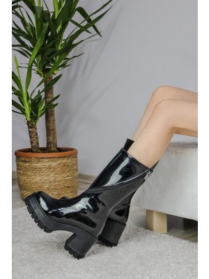 Asmi Shoes Kadın Liva Döner Fermuarlı  8 cm Topuklu Bot  Siyah Rugan