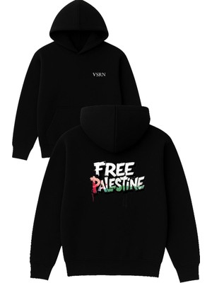 Vsrn Free Palestine Tasarım Baskılı Oversize Siyah Kapüşonlu Sweatshirt