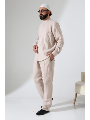 İhvan Online Erkek Müslin Hakim Yaka Cepli Gömlek Pantolon Ikili Takım, Hac Umre Kıyafeti - Bej (Ans)