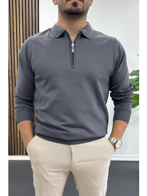 Edwox Erkek Yarım Fermuarlı Düz Desen Polo Yaka Kazak Antrasit EDW424