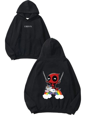 Urbvn Deadpool Unicorn Tasarım Baskılı Oversize Siyah Kapüşonlu Sweatshirt