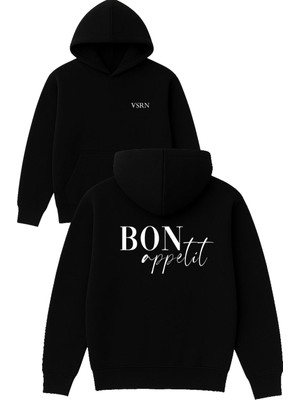 Vsrn Bon Appetit Tasarım Baskılı Oversize Siyah Kapüşonlu Sweatshirt
