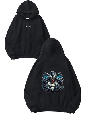 Urbvn Venom Tasarım Baskılı Oversize Siyah Kapüşonlu Sweatshirt