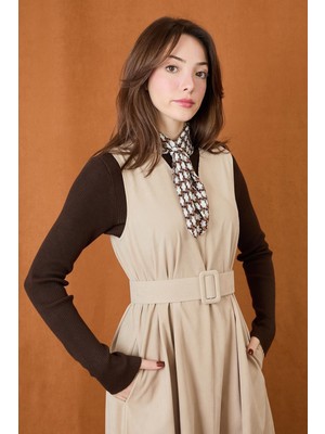 Soul Kadın Kemer Detaylı V Yaka Süet Elbise - 32406ELB