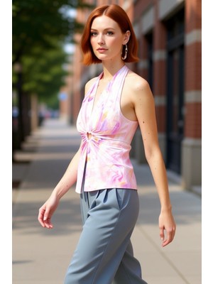 PayBuy Kadın Aksesuarlı Pencere Detaylı Baskılı Örme Bluz V Yaka Kalın Askılı Regular Kalıp