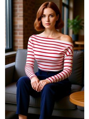 FRM Kadın Şık Regular Kayık Yaka Düşük Kol Slim Kalıp Örme Düz Yumuşak Kumaşlı Fitted Vücuda Oturan Bluz