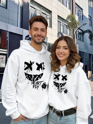 Nevermind Sevgili Kombini Oversize Hoodie – Heart Fly Gülüş Baskılı 3 Iplik Unisex Sweatshirt 2'li