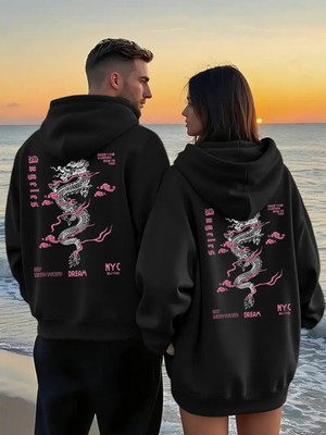 Nevermind Ejderha Desenli Baskılı Renk Pamuk Sevgili Kombini 2'li Kapüşonlu Sweatshirt Seti