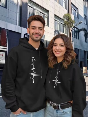 Nevermind Sevgili Çift Kombini 2’li Kalp Atışı Desenli Unisex Sweatshirt – Minimal Aşk Tasarımı