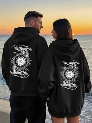NEVERMIND Sevgili Çift Kombini Güneş ve El Desenli Hoodie Kapüşonlu Sweatshirt 2li Set Takım 3 İplik Pamuk