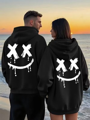 Nevermind Sevgili Çift Kombin Gülümseme Baskılı Renk Kapüşonlu Sweatshirt 2li Set Takım 3 İplik Pamuk