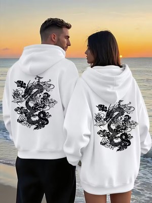 NEVERMIND Sevgili Kombini Ejderha Sırt Desenli Kapşonlu Sweatshirt – Oversize 3 İplik Unisex Hoodie